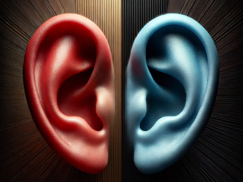 Oreille gauche de couleur bleue et droite de couleur rouge 