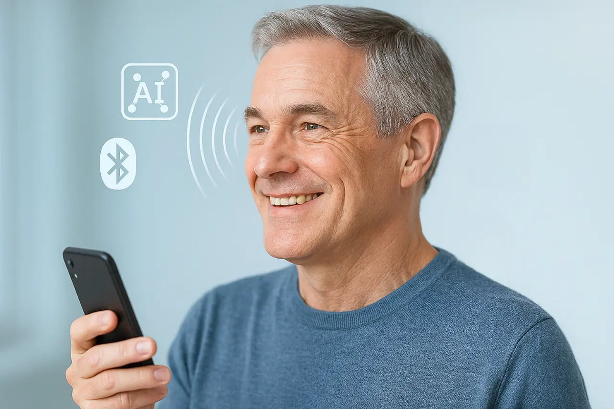 Photo homme avec appareil auditif connecté
